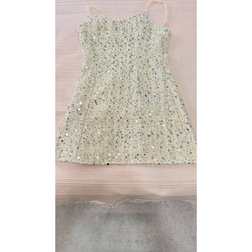 Dazy Women's Sequin Tweed Mini Dress Size L Ivory Gold Sparkle Party Cocktail